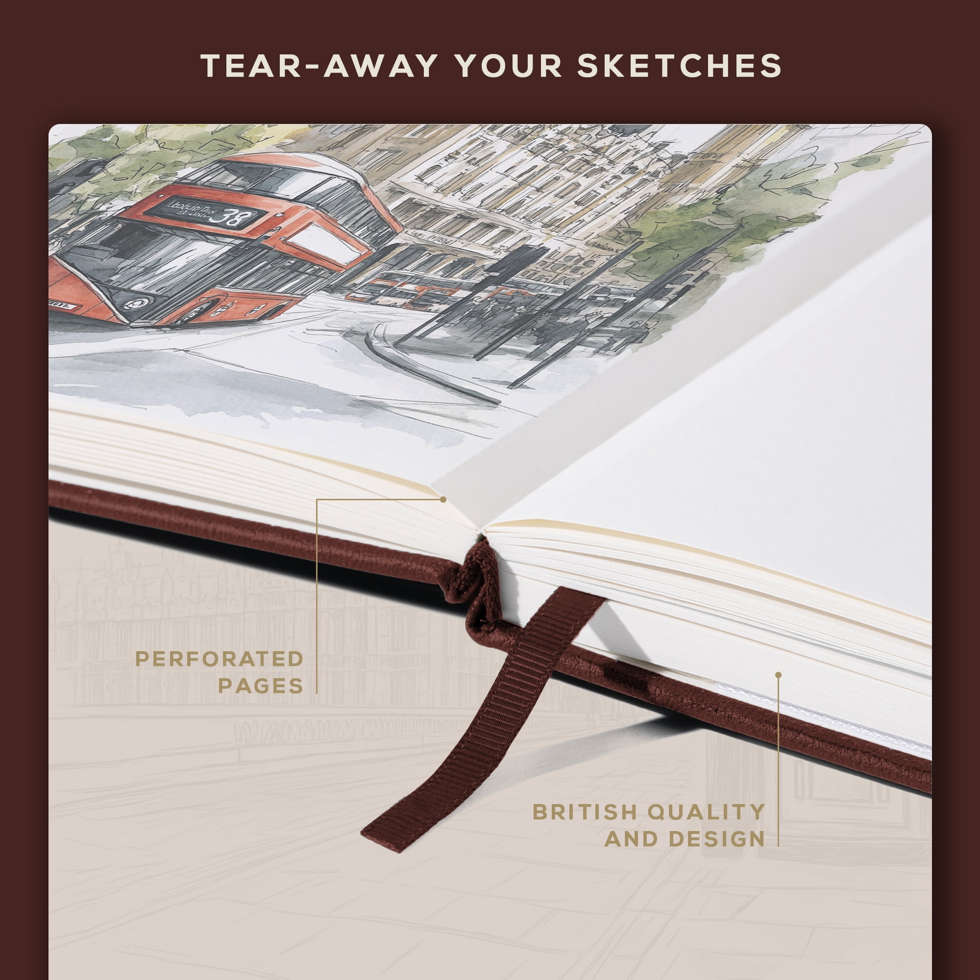 Beechmore Books A4 Sketchbook – 8.5x11" Premium Vegan Leather Bound Large Sketch Book Hardcover With 156 Thick 160gsm Perforated Ivory Pages, Blank Sketch Pad, Gift Boxed, Back Pocket Ribbon Bookmark