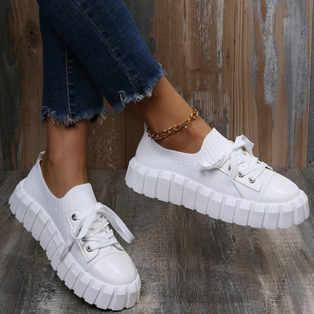 

HIBRO Women s Shoes Fashion Platform Soft Sole Comfortable Lightweight Solid Color Lace-up Sneakers