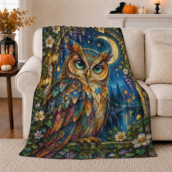 Whimsical Owl Moonlit Garden autumn celebration, Festive autumn celebration Scene, Warm Flannel Blanket for Living Room and Reading Nook, Art Lovers autumn celebration Gift, Festive Home Decor