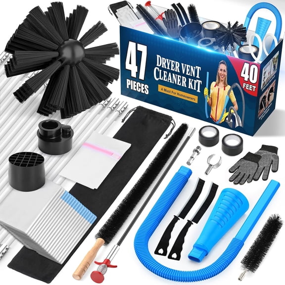 WarmHaven 47-Pieces 40-Feet Dryer Vent Cleaner Kit, Dryer Cleaning Tools, Include Omnidirectional Blue Dryer Lint Vacuum Attachment, Dryer Vent Brush, Universal Vacuum & Dryer Adapters