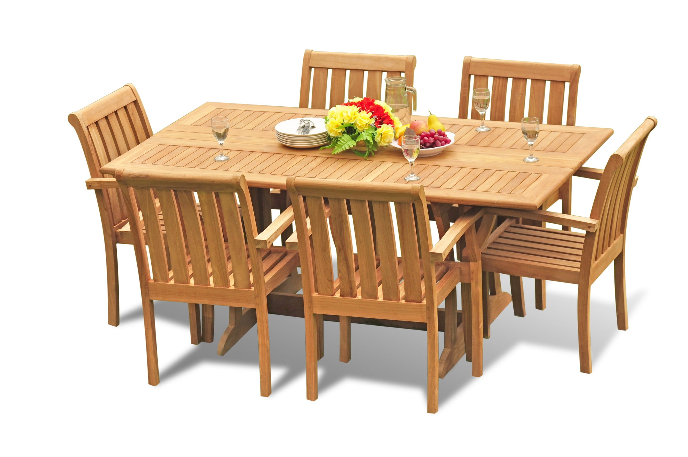 Teak Dining Set 6 Seater 7 Pc 69 Warwick Console Folding Rectangle Table And Somerset Stacking Arm Captain Chairs Outdoor Patio Grade A