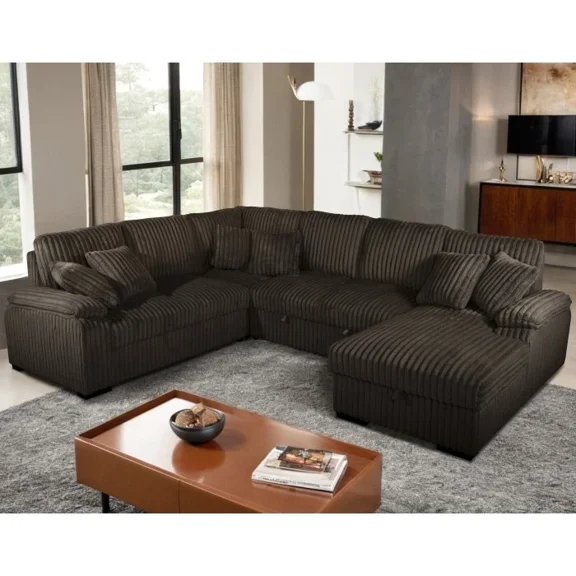 Modern Living Room U-Shaped Sectional Sofa Bed with Storage Chaise, Pillows, Right Facing Sleeper Sofa Couch, Brown