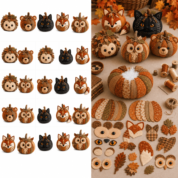 DIY Animal Pumpkin Sewing Kit, Halloween Patchwork Sewing Craft Kit with Fabric Pieces, Animal Pumpkin Ornament Making Set, Fall Thanksgiving Home Decor Project for Craft Lovers, Hedgehog