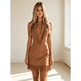 thumbnail image 2 of Morttic Sexy Sleeveless Fringe Dress for Women – Deep V-Neck Solid Color Faux Leather Bodycon Mini Dress with Zip Up Brown，M, 2 of 6