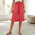 thumbnail image 4 of Cotton Linen Pants Women Summer Casual Pull on Wide Leg Drawstring Elastic Waist Petite Ruffle Hem Capri Pants with Pockets Watermelon Red 2XL, 4 of 6