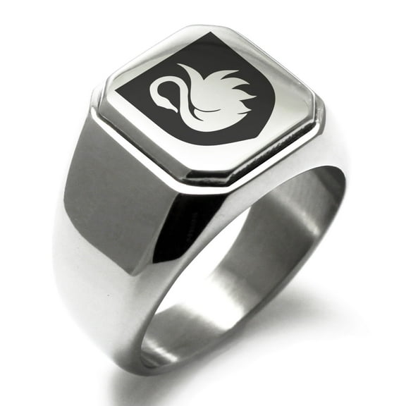 Stainless Steel Swan Harmony Coat of Arms Shield Engraved Square Flat Top Biker Style Polished Signet Ring