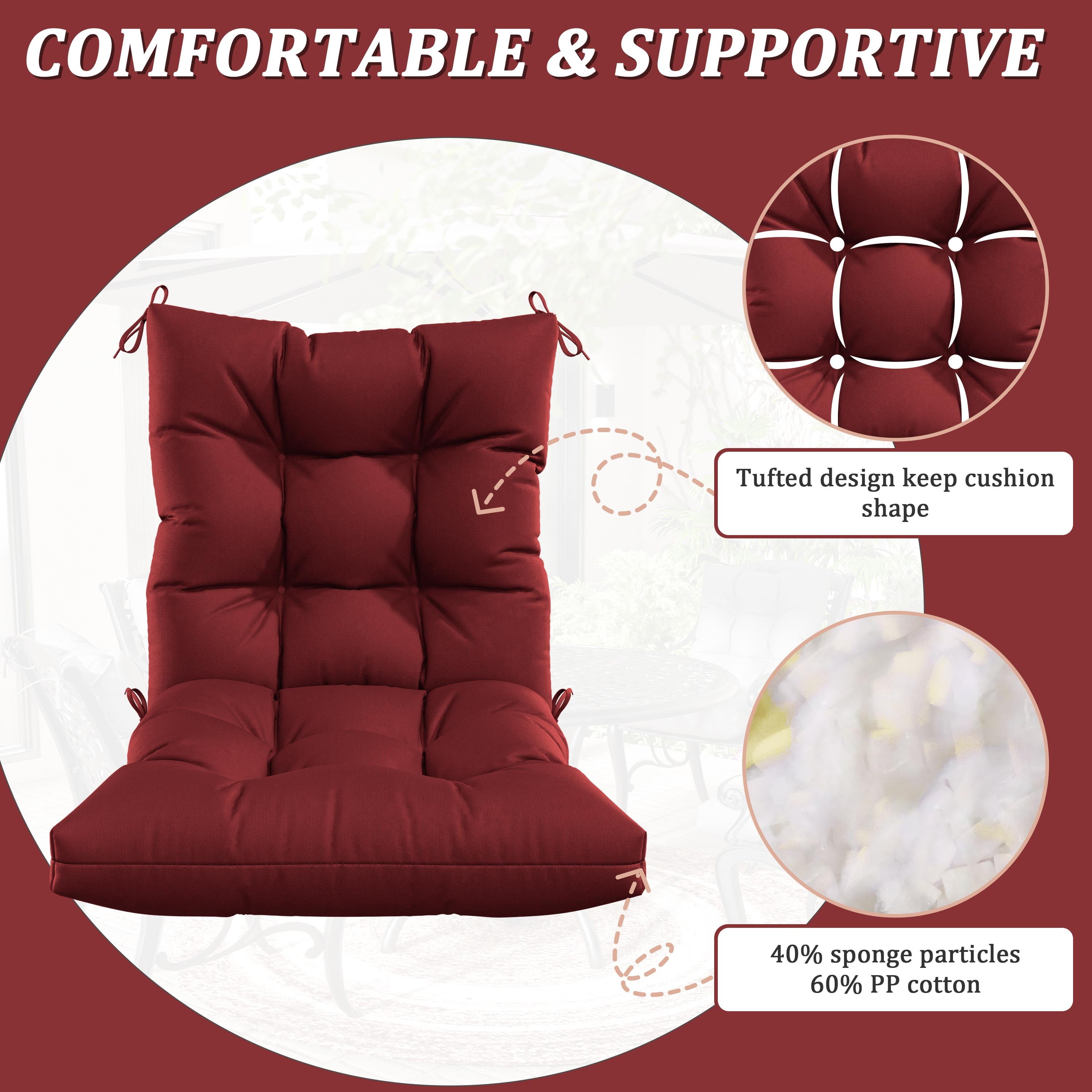 Pakunoda Chairs Cushions 42" X 21" Tufted Non Slip Pad Seat and Seatback 4 Set Cushion with Ties for Patio Outdoor & Indoor Rocking Chair, Burgundy
