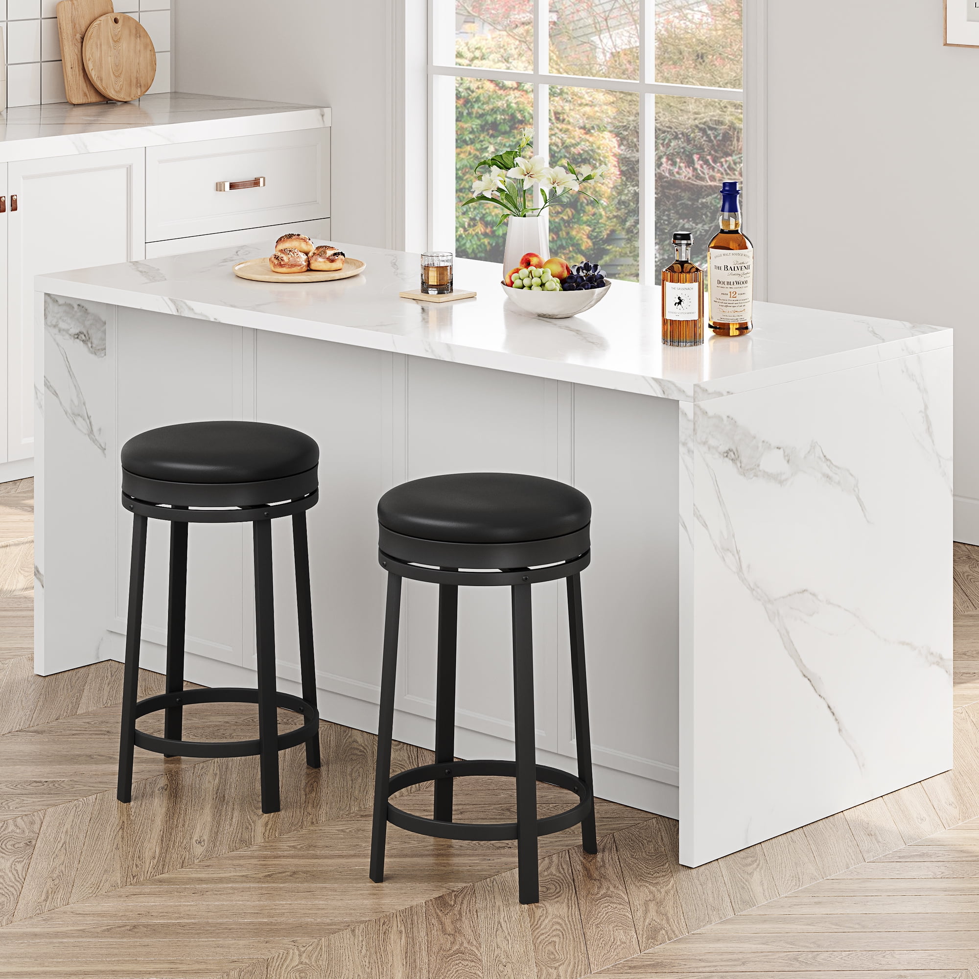 Bar Stools Set of 2, 24" Modern Swivel Barstools with Footrest, Modern Counter Height Barstools with PU Leather Upholstered and Metal Frame, for Kitchen Island, Dining Room, Home Bar