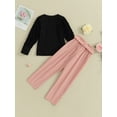 thumbnail image 4 of Liacowi Kids Girl Fall Outfits Solid Color Crew Neck Long Bubble Sleeve Tops Elastic Waist Pants with Belt 2Pcs Clothes Set, 4 of 8
