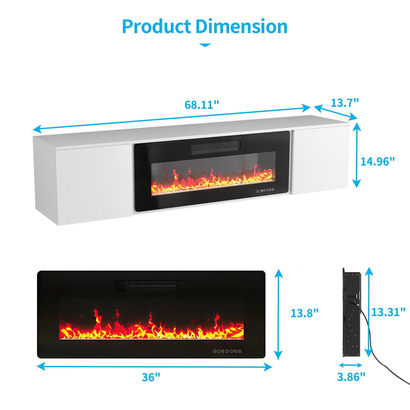 TABU 70" Floating Fireplace TV Stand with 36" Electric Fireplace,Wall Mounted TV Stand with Fireplace for TVs up to 90",White