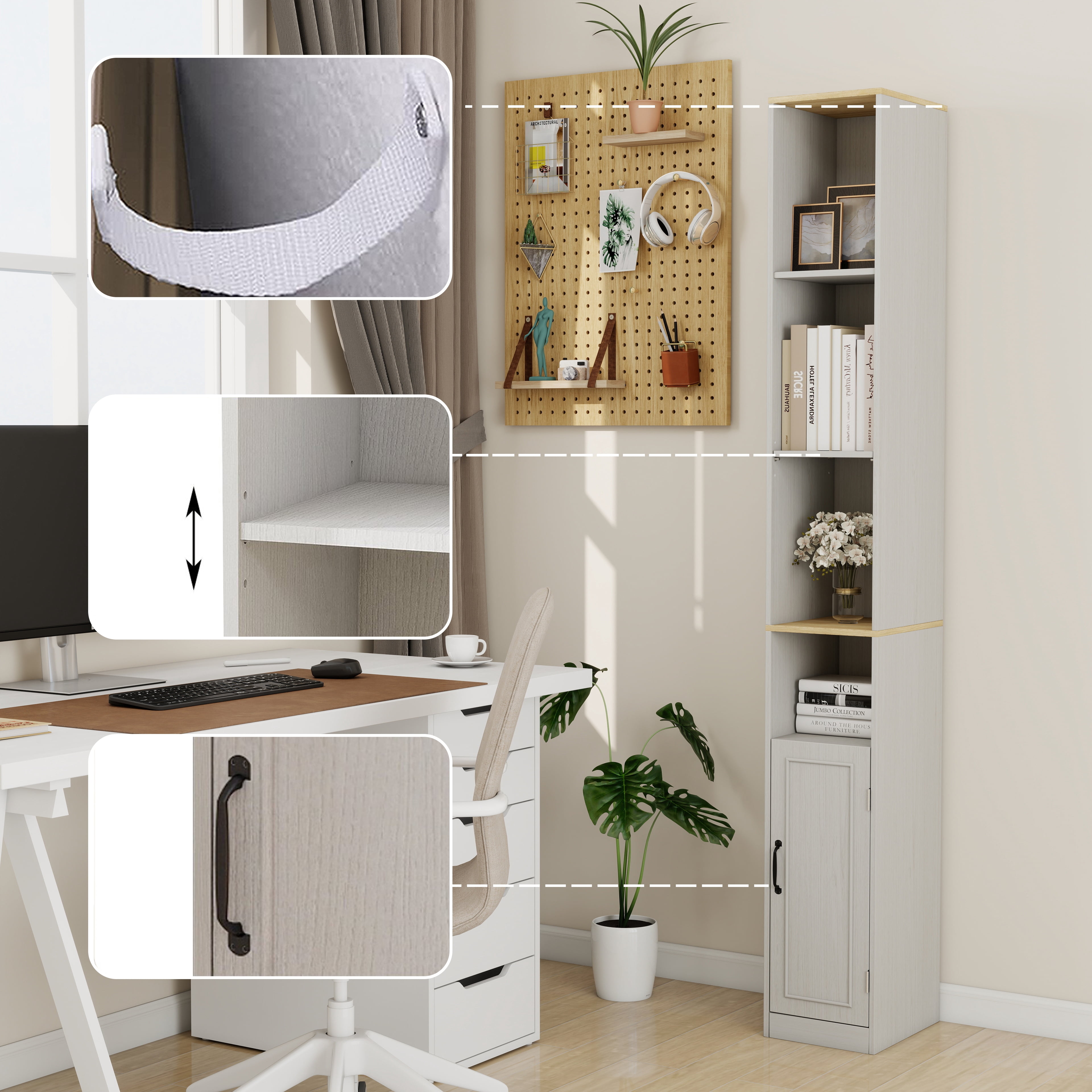Leumius 72" Tall Bathroom Storage Cabinet,6-Tier Narrow Freestanding Bathroom Cabinet with 1 Door and 2 Adjustable Shelves,Tall Cabinet for Small Space,Living Room,Kitchen,Antique White