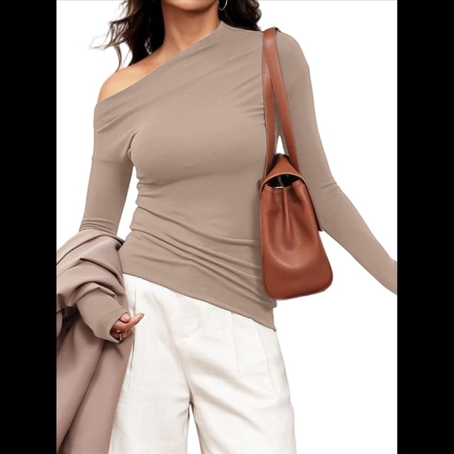 Blusas de Mujer con Hombros Descubiertos, Elegantes, de Larga, Asimétricas, Ajustadas, para Salir, de Otoño, con Frunces. Camello L