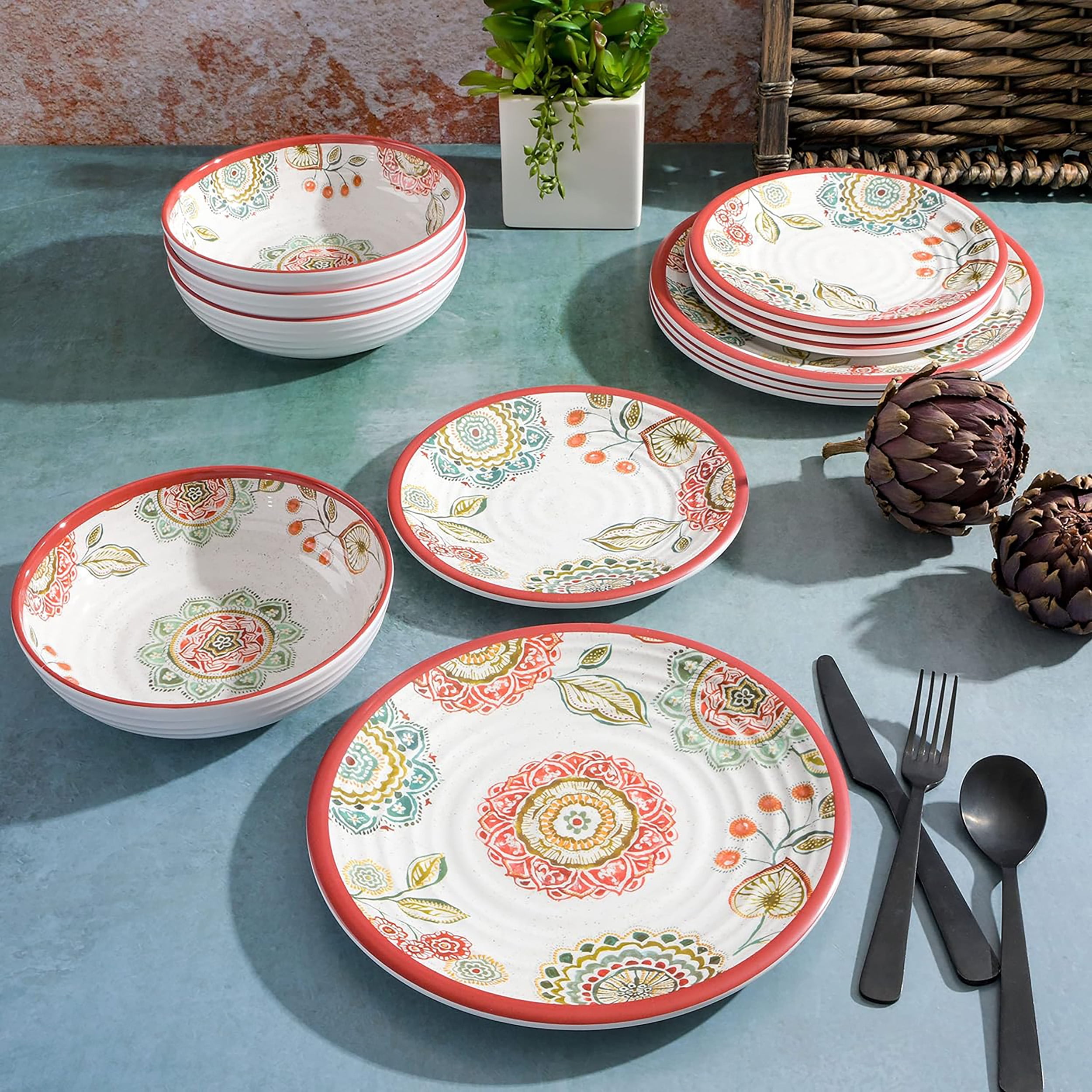 Gibson Home Mauna Melamine Plastic Dinnerware Set, Service for 4 (12pcs), Brick Floral