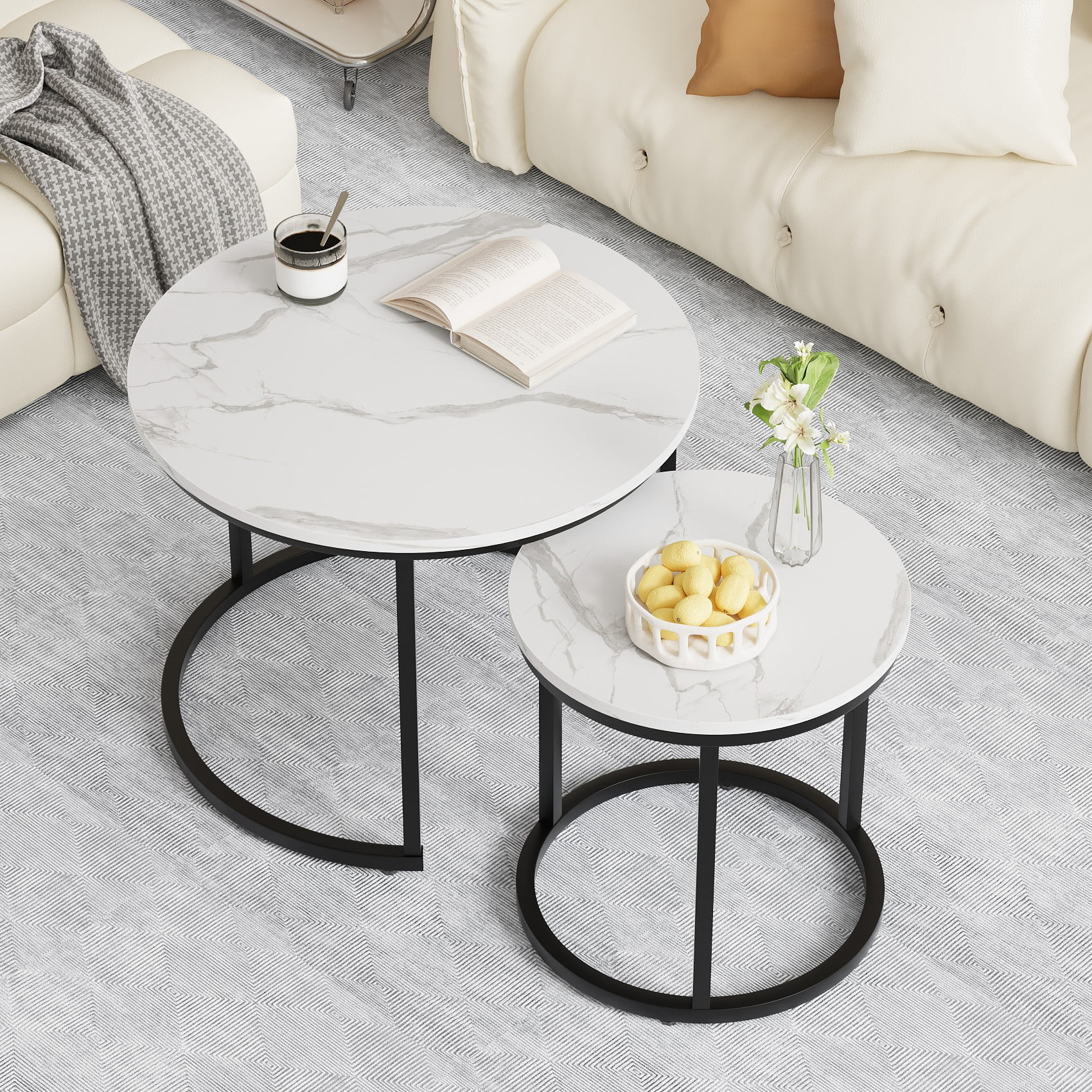 Algherohein Round Nesting Coffee Table Modern Marble Top Set of 2 for Living Room White