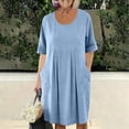 thumbnail image 6 of CFLVAEK Cotton Linen Dresses for Women with Pockets Casual Short Sleeve Pleated Dress Solid Scoop Neck Summer Midi Dresses Light Blue S, 6 of 9