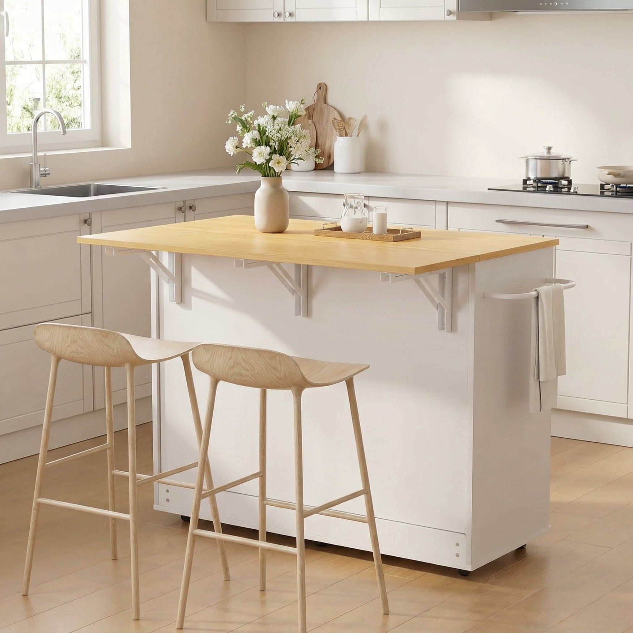 Rolling Kitchen Island Cart with Drop Leaf – Expandable White Cart with Drawers, Spice Rack & Towel Holder