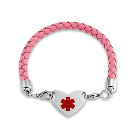 Medical Medical Id Bracelet - Heart Shape Pink Leather Medical Identification Doctors Engravable Medical Alert ID Bracelet For Women Stainless