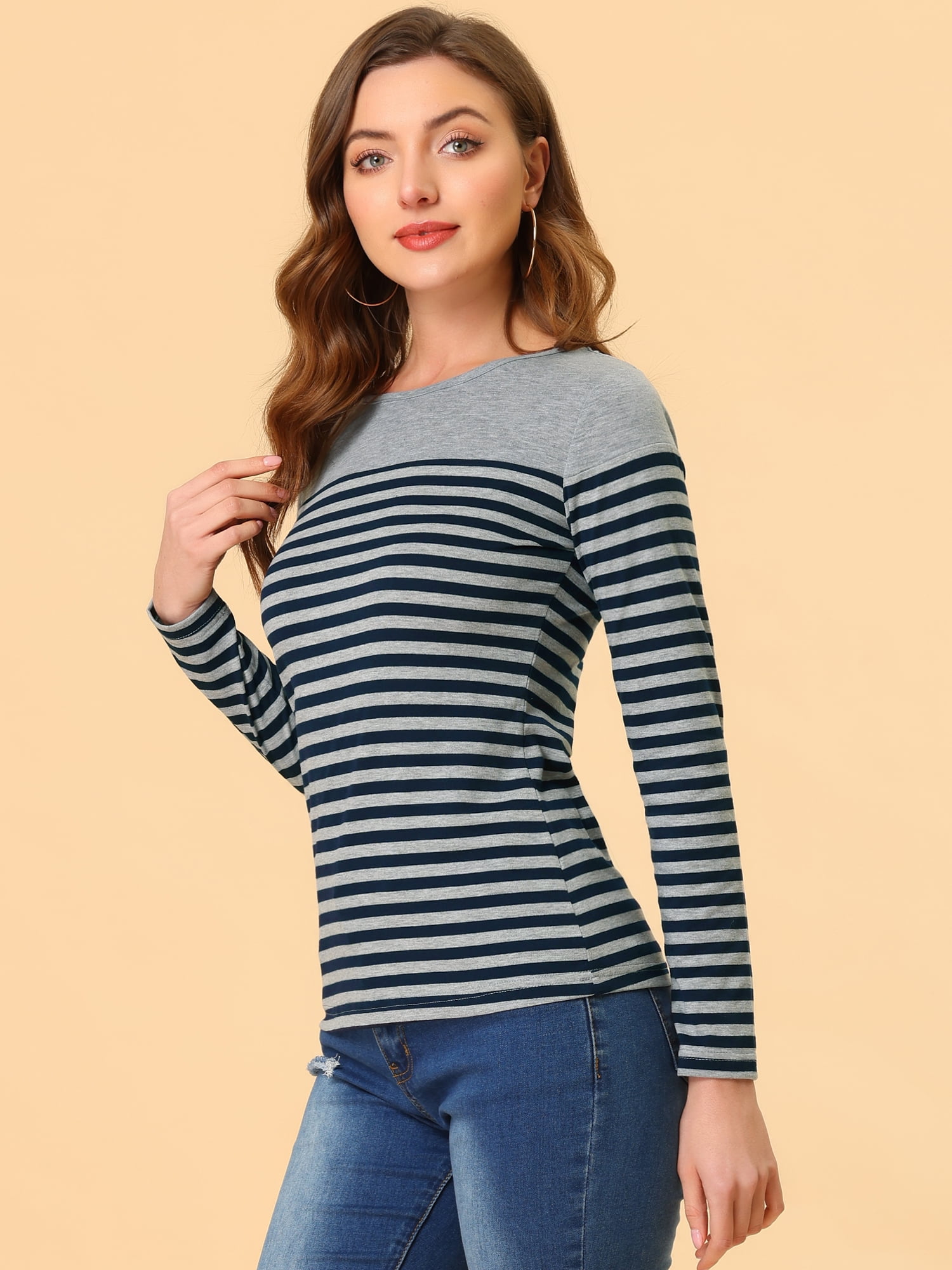 DARING DIVA Women's Color Block Striped Knit Top Long Sleeves T-Shirt M Gray Blue