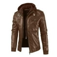 thumbnail image 5 of Men Brown Leather Motorcycle Jacket Classic Retro PU Faux Leather Hooded Bomber Jacket Zip Up Winter Thick Rider Coat, 5 of 5