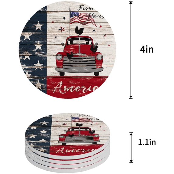 FMSHPON Independence Day Vintage Pickup Truck with American Flag Retro Car Set of 4 Round Coaster for Drinks, Absorbent Ceramic Stone Coasters Cup Mat with Cork Base for Coffee Table Bar Decor