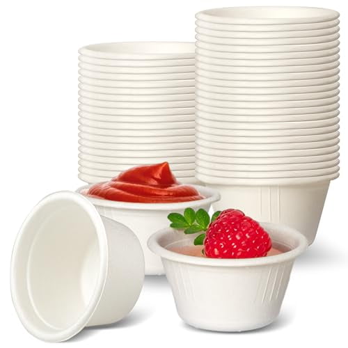 Fit Meal Prep [100 Pack] 2 Oz Compostable Disposable Condiment & Sample Cups, Biodegradable Bagasse Fiber Souffle Portion Cups, Eco-Friendly Microwave Safe