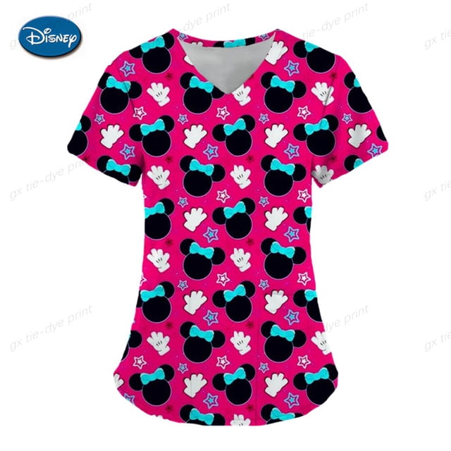 Medical Worker Nursing Uniform Women Disney Minnie Mickey Mouse Print Nurses Uniform Short Sleeve V-neck Top Working UniformeL Gao Jinjia LED
