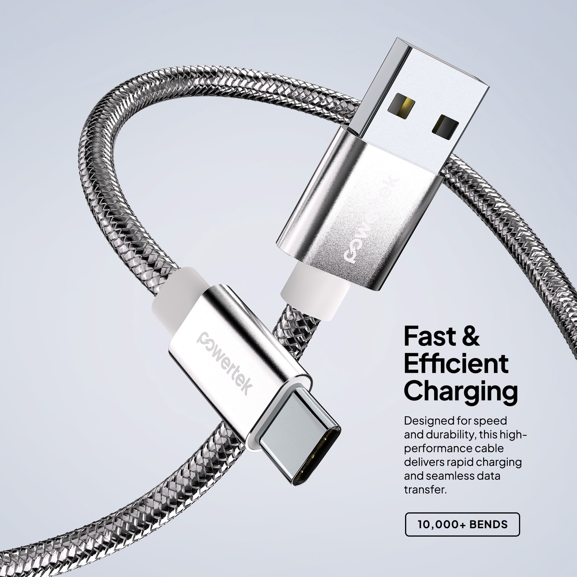 Powertek Luxe 6ft USB-A to USB-C Cable, Silver, Fast Charge & Sync, Metallic Mesh PVC Jacket, Durable Tangle-Free Design
