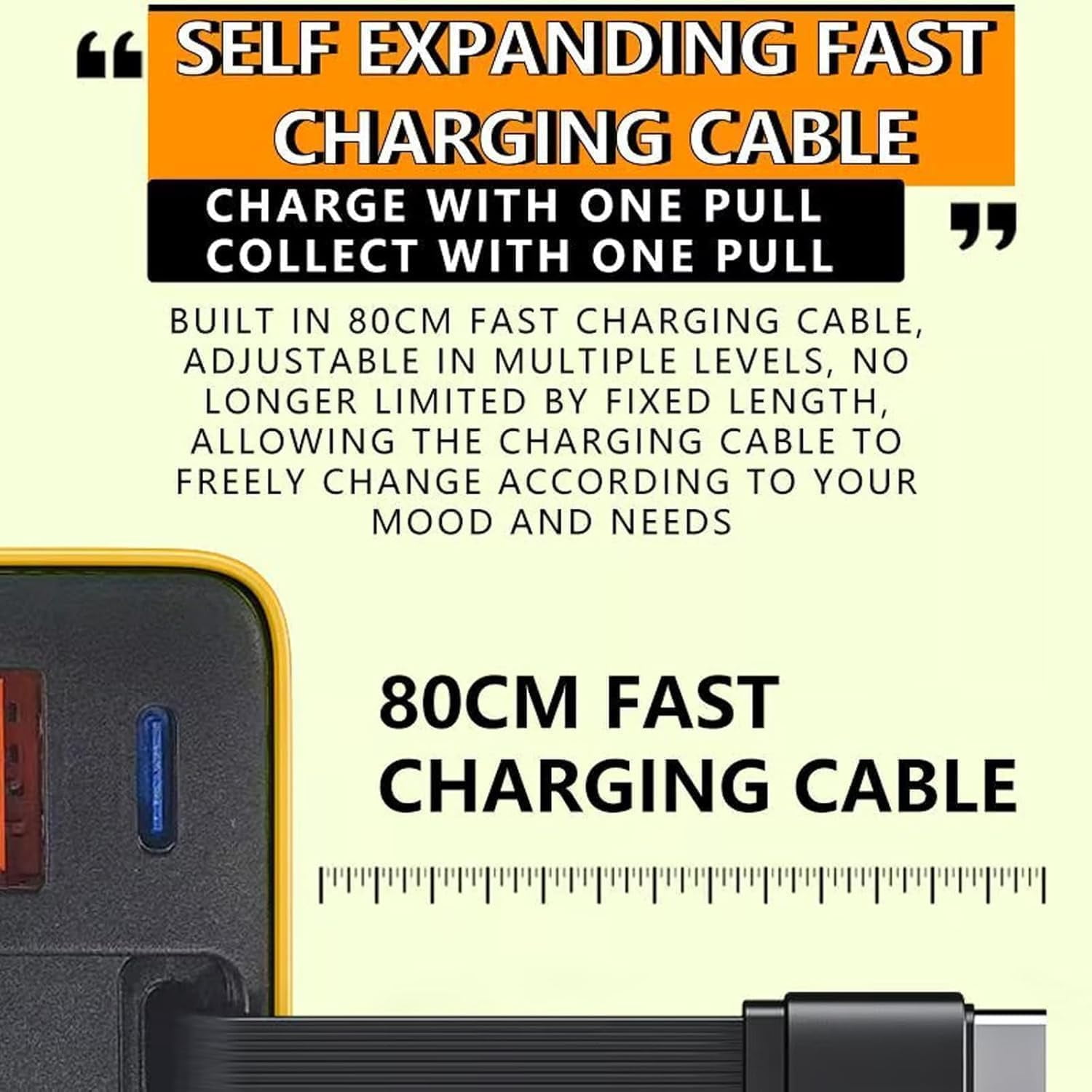 3-in-1 80W MAX  Retractable Charger - 60cm Type-C Cable & 2 USB Ports, Fast Charging for Smartphones, Tablets & Laptops