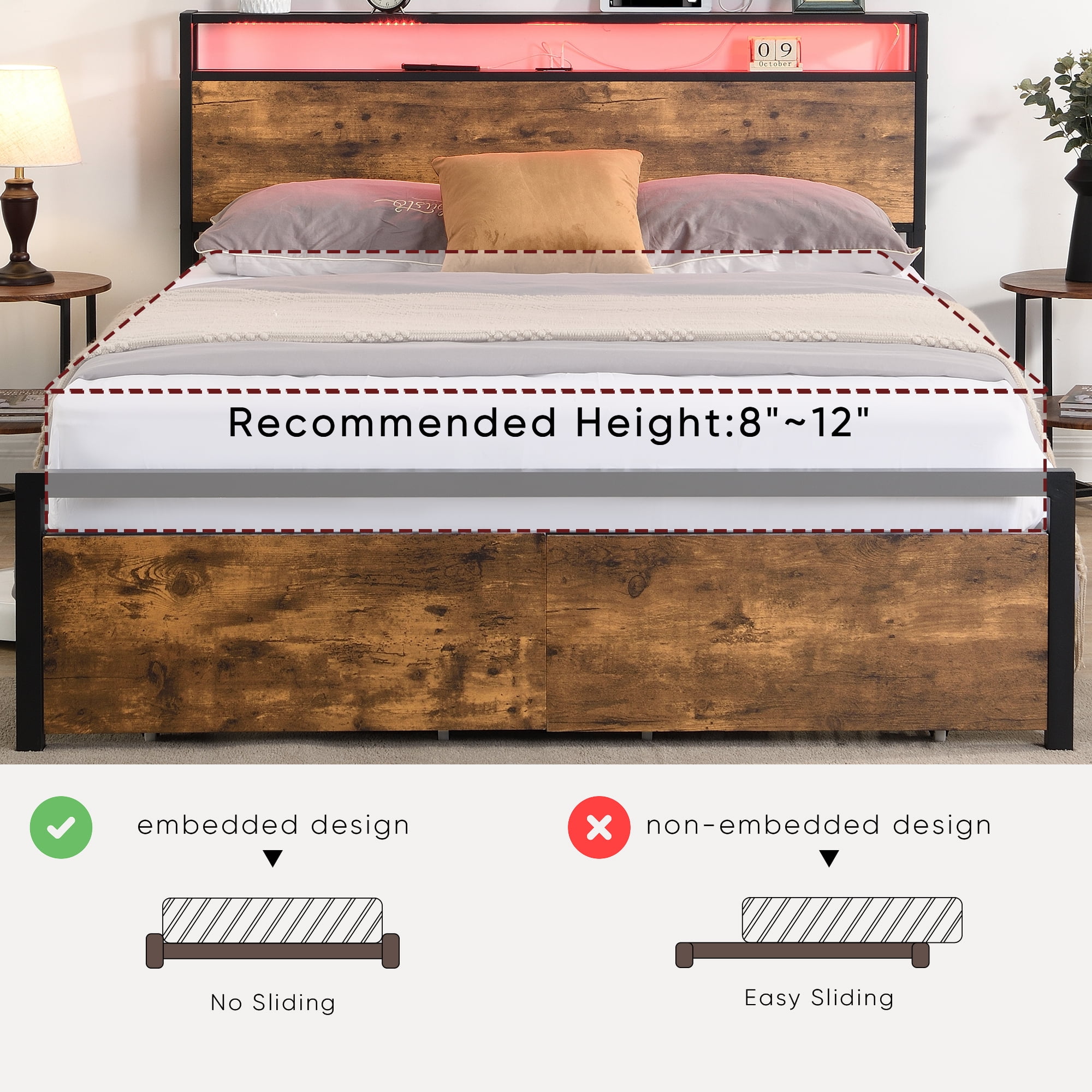 DEALTOPS Full Size Metal Bed with Storage Headboard and 2 Drawers, Platform Bed Frame with LED Lights, Charging Station, Brown
