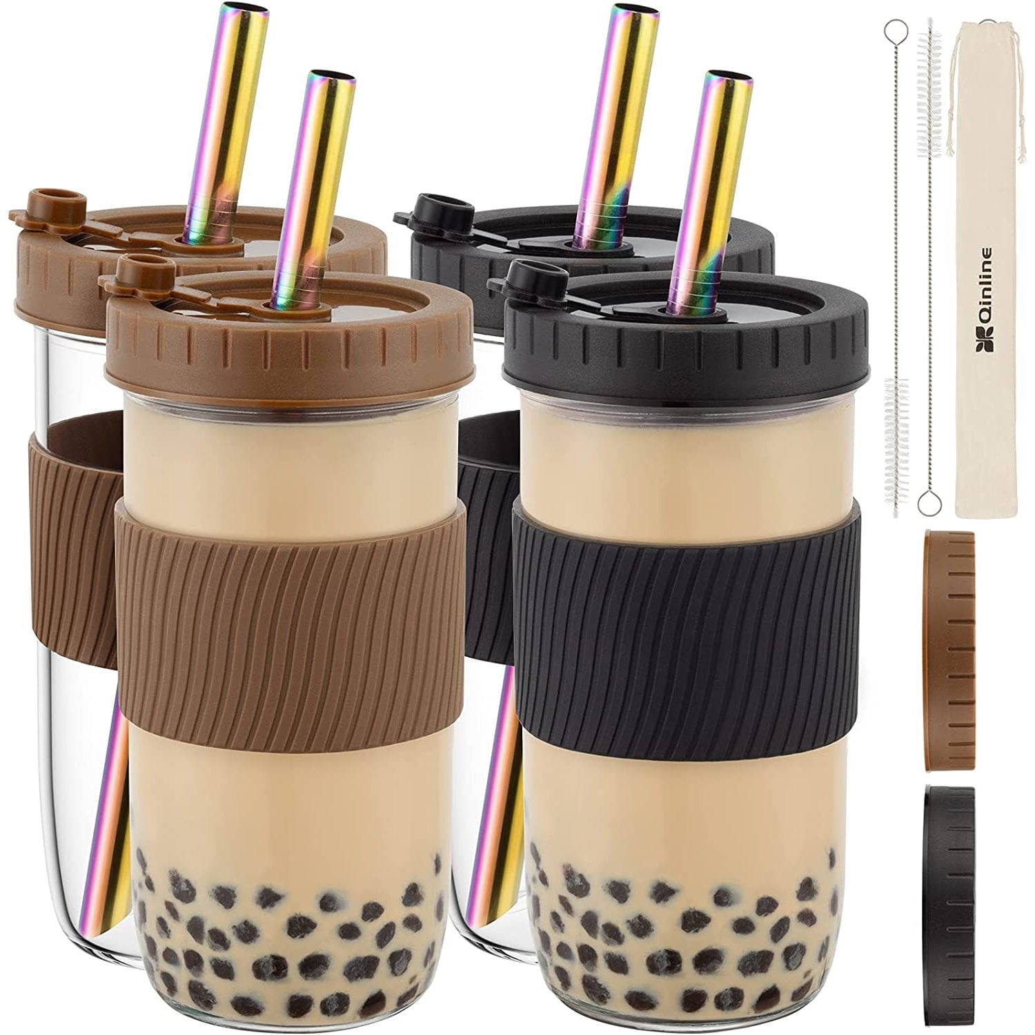 Reusable Boba Cup Bubble Tea Cup 4 Pack, 24Oz Wide Mouth Smoothie Cups
