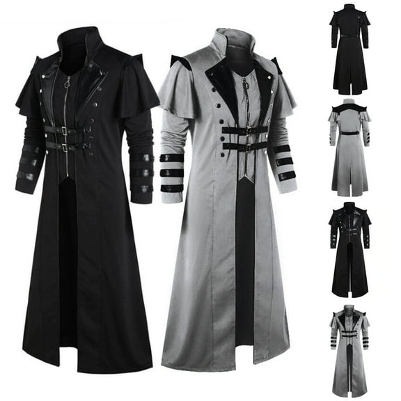 Miluxas Men's Steampunk Trench Coat Victorian Slim Suit Collar Solid Double Breasted Zipper Coat Gray