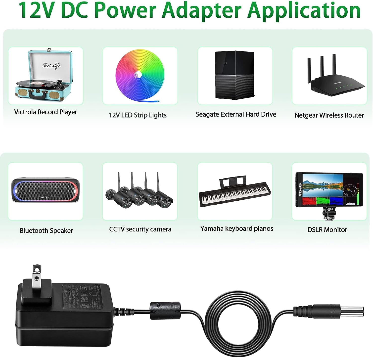 Gonine 12V 2A 1A Power Adapter Charger,  12Volt DC Power Cord for 12Vdc 2000mA 1500mA 1000mA 500mA devices with 5 Tips. US Plug