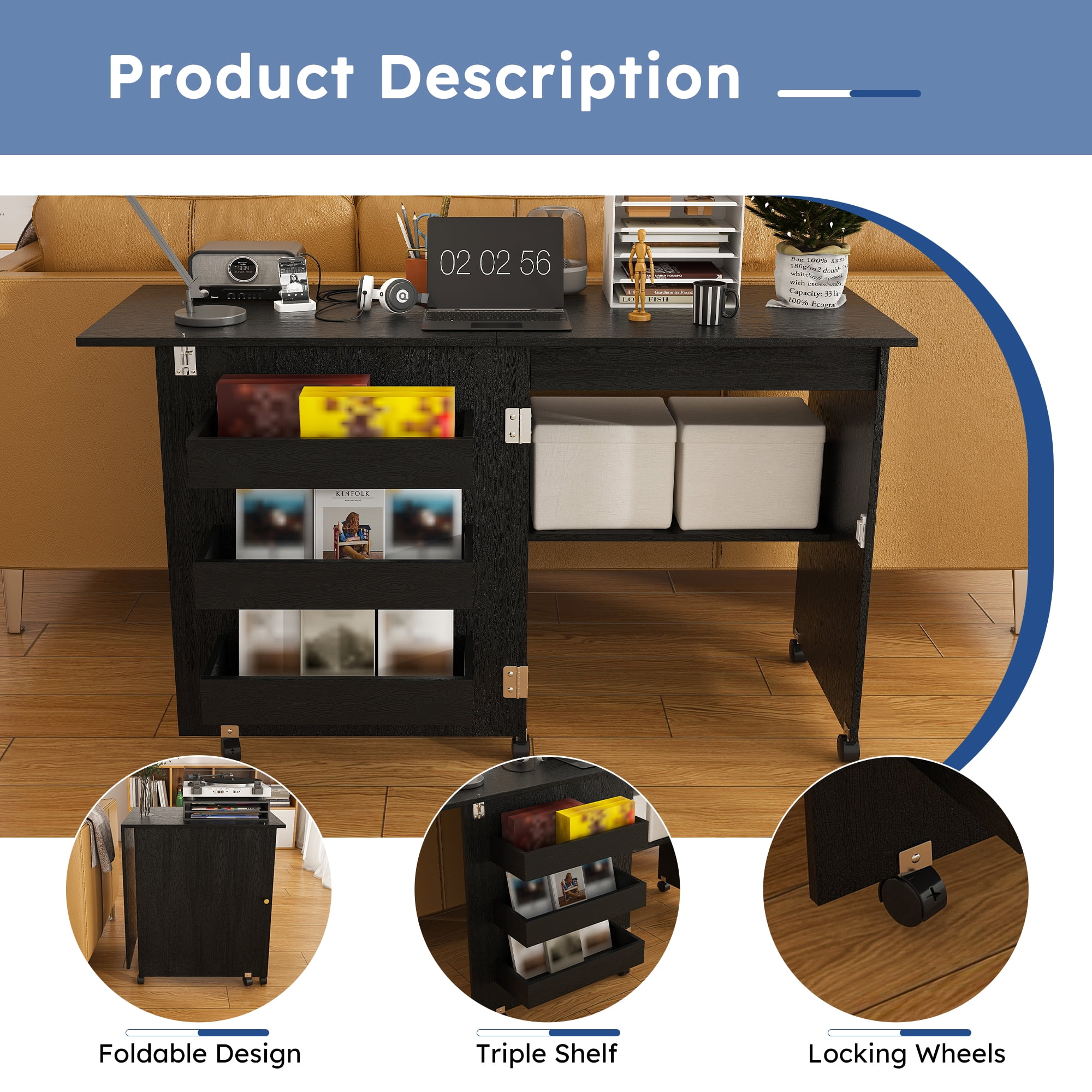 4-in-1 Folding Sewing Table with Storage 5 Wheels for Craft Room Bedroom Living Room