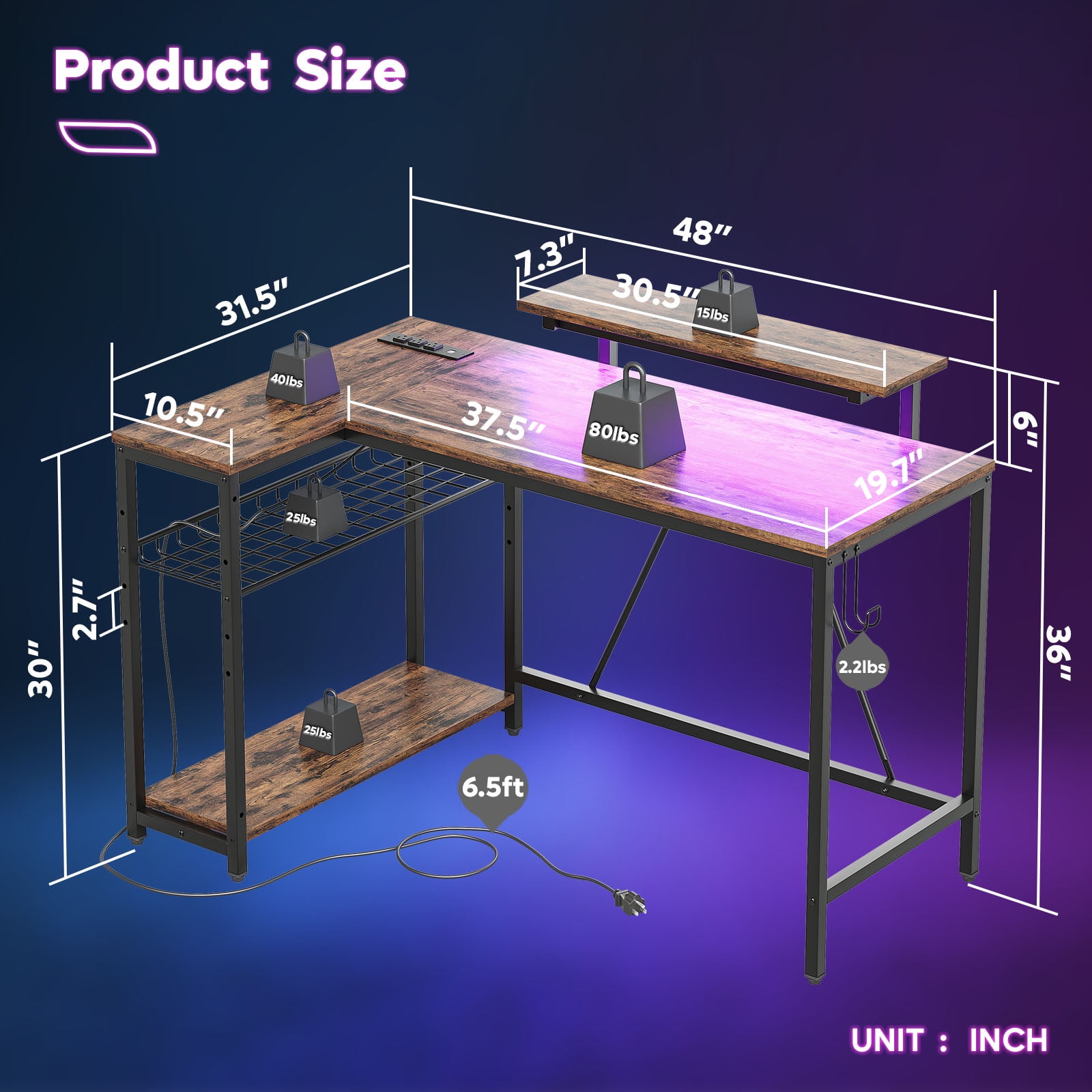 Bestier 48" L Shaped Desk with LED Lights & Power Outlets, Corner Computer Desk with Monitor Stand for Home Office, Rustic