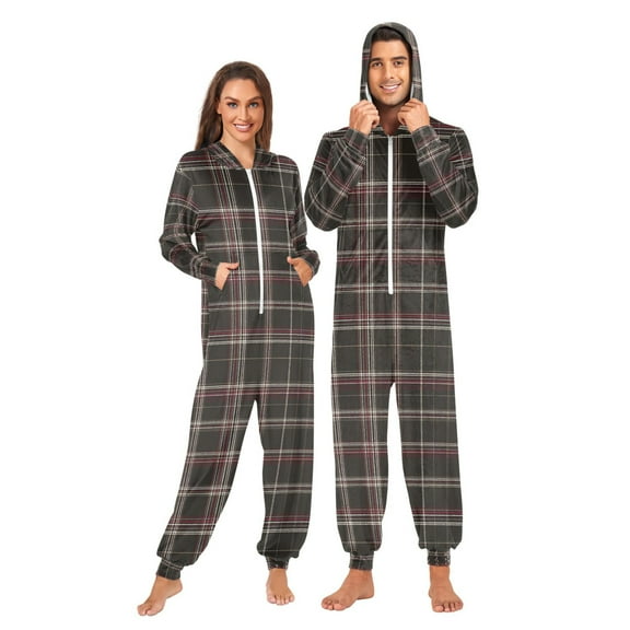 Adult Christmas Onesie Dark Brown Plaid Adult Zipper One-Piece Pajamas Unisex Pajamas with Pockets
