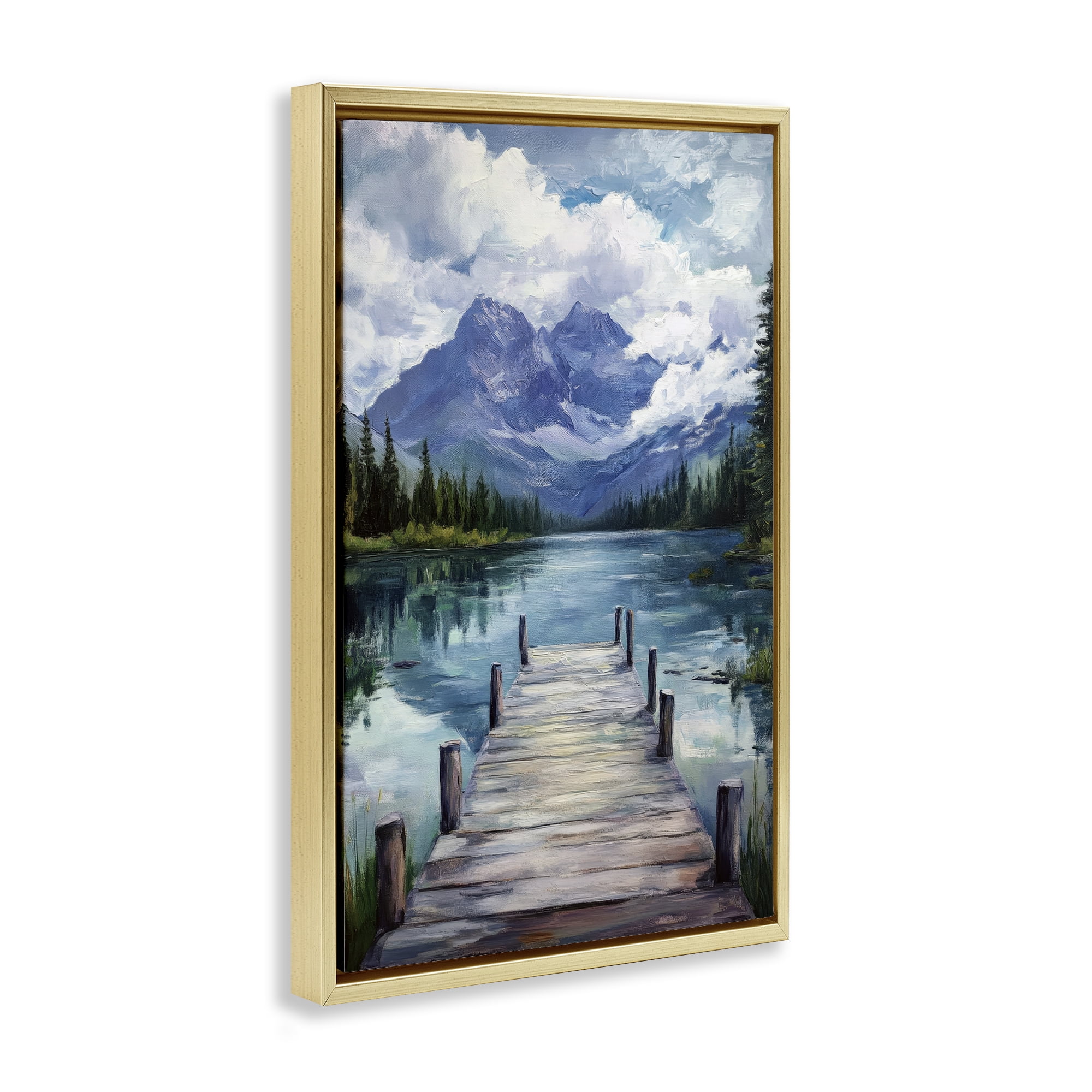 Stupell Industries Weathered Dock on Mountain Lake Gold Framed Floater Canvas Wall Art, design by Petal Prints Design