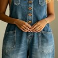 thumbnail image 4 of Morttic Women's Vintage Washed Denim Overalls – Casual Loose Wide Leg Jumpsuit with Pockets & Adjustable Straps Button Romper Blue，M, 4 of 6