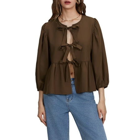 Tasdouyy Women Plaid Bow Tie Front Shirt Top Cute Puff Sleeve Y2K Peplum Ruffle Babydoll Blouse Lace Up Summer Going Out