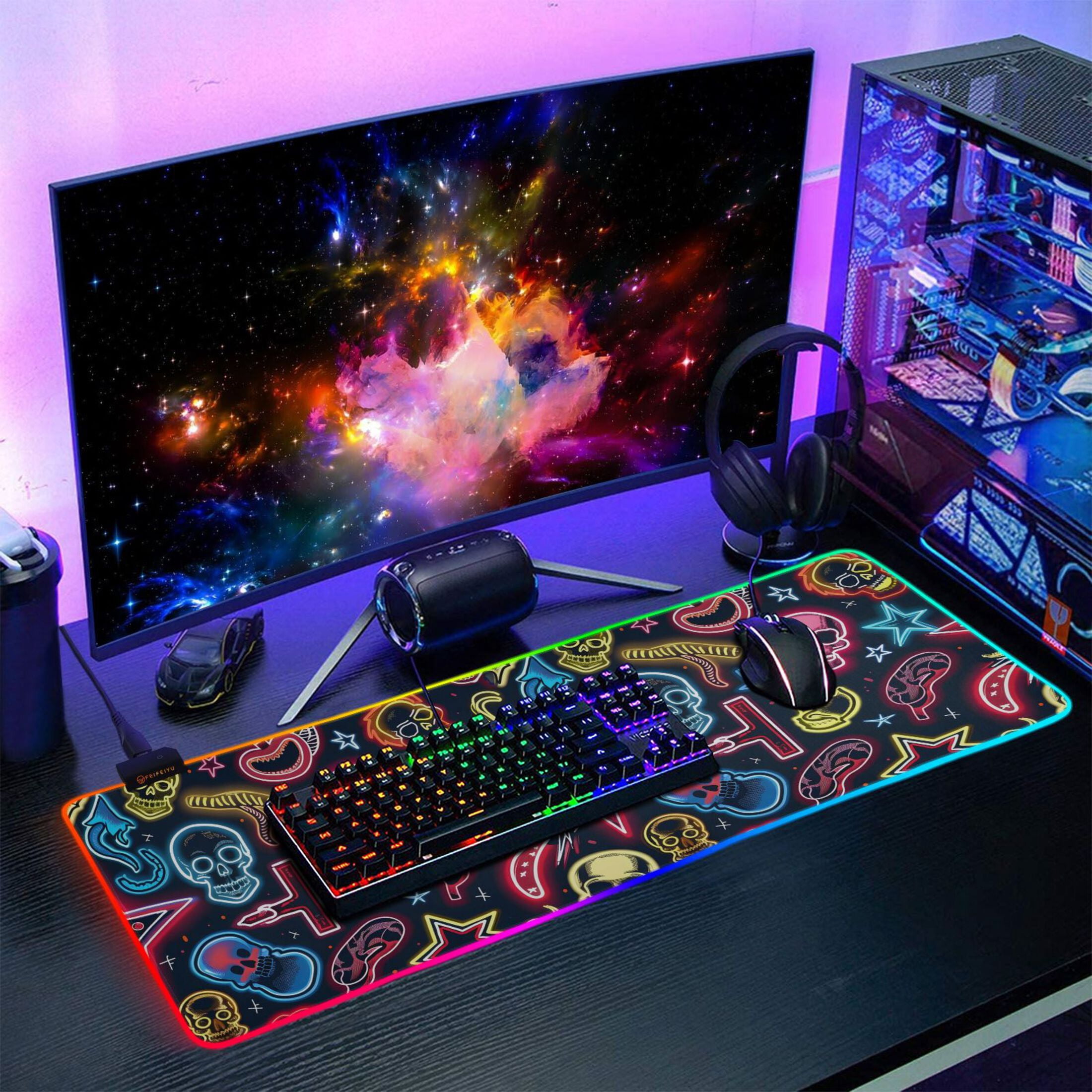 Large RGB Gaming Mouse Pad Led Glowing Mousepad Non-Slip Rubber Base 13 Light Modes 31.5x11.8 Neon Skull Star Sausage