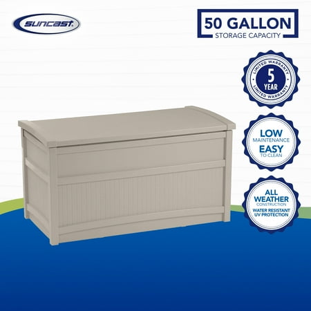 Suncast DB5000 50 Gallon Outdoor Storage Stay Dry Resin Patio Deck Box, Taupe