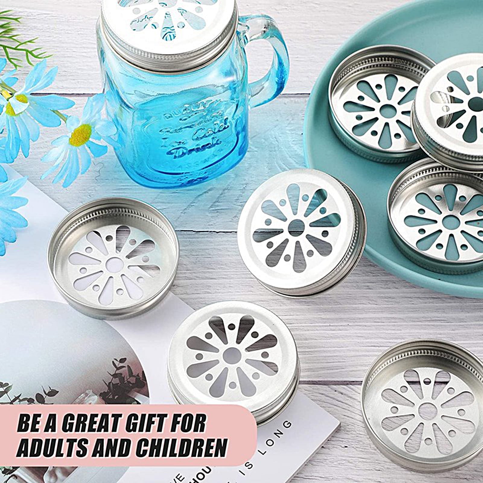 leaveforme 10 Pieces Daisy Jar Lids Regular Mouth Mason Jar Lids Daisy Cut Lids Storage Canning