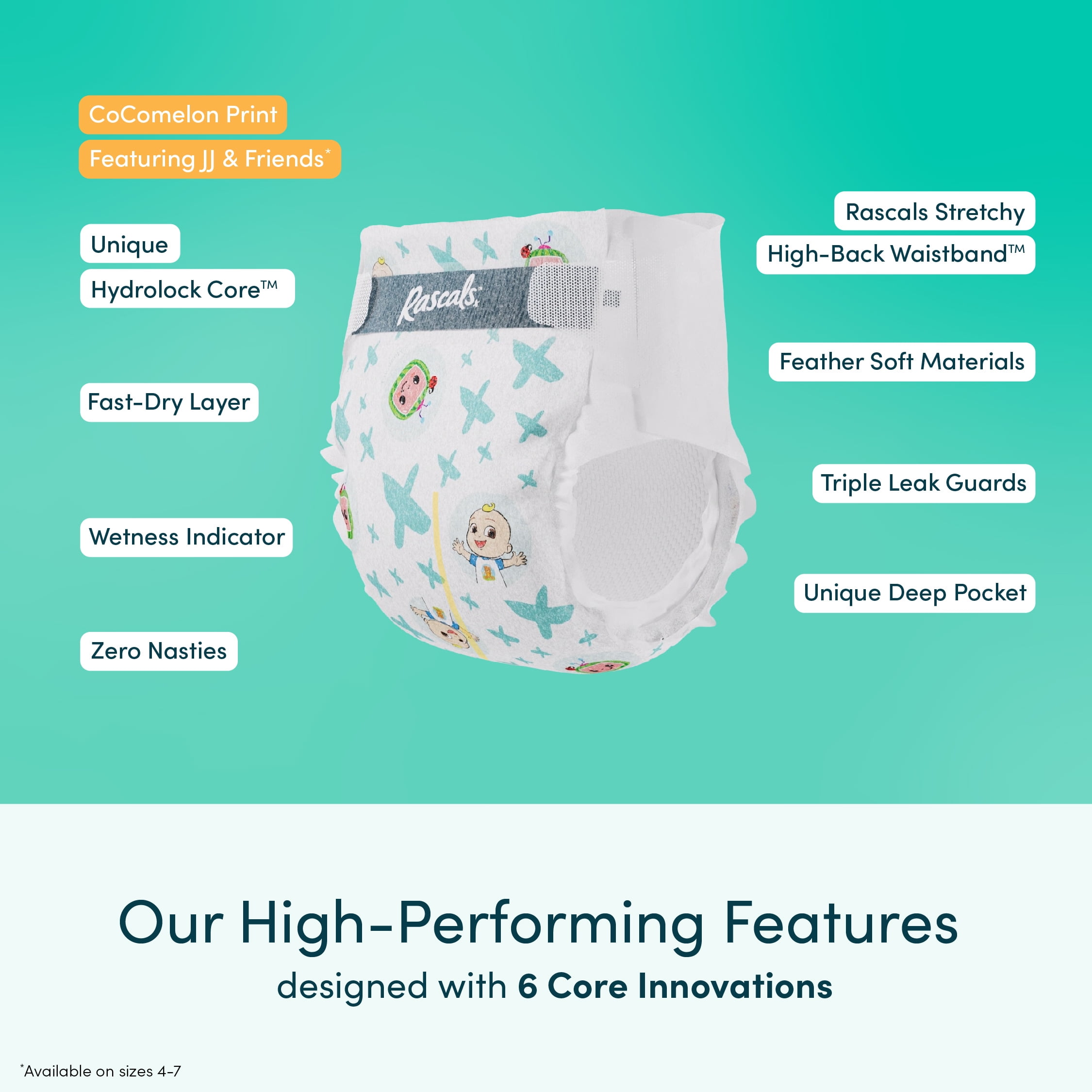 Rascals Premium CoComelon Absorbent Baby Diapers Size 4, 148 Count