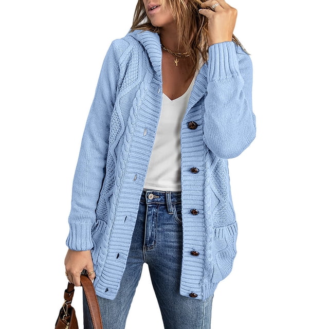 Suéter de punto tipo cárdigan de invierno para mujer, estilo europeo y americano, con forro polar y capucha interior cálida para mujer