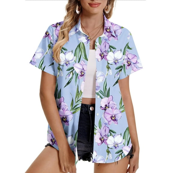 Munlar Hawaiian Button down Shirts for Women Trendy Purple Short Sleeve Collared Floral Summer Tops 3XL