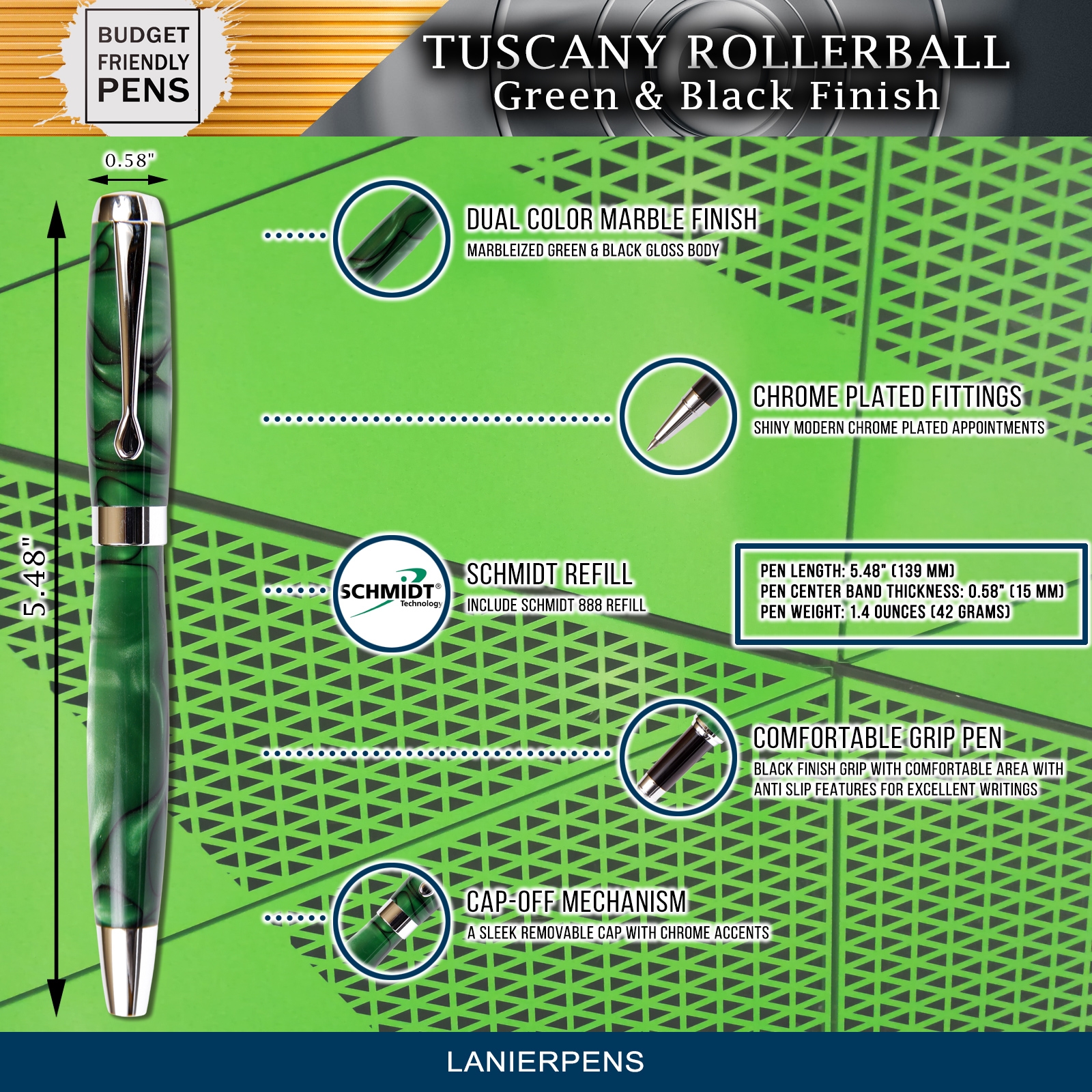 Green & Black Marbleized Gloss Body, Tuscany Rollerball Pen (Black Ink, Medium Tip 0.7 MM)