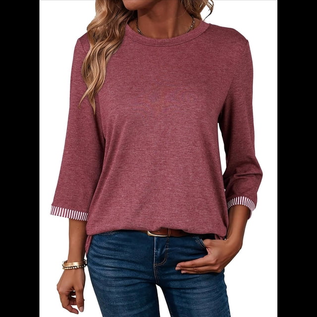 Camisas de Mujer, Camisetas de Moda con Mangas 3/4, Lindas Blusas Casuales de Cuello Redondo, Blusas Básicas Rojo XL
