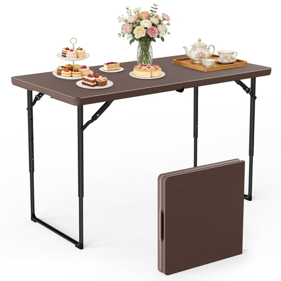 WASUHE 4 Foot Folding Table, Lightweight Adjustable Height Camping Table with Non-Slip Legs, Indoor/Outdoor Essential, Grill, Events, Party, Bronw
