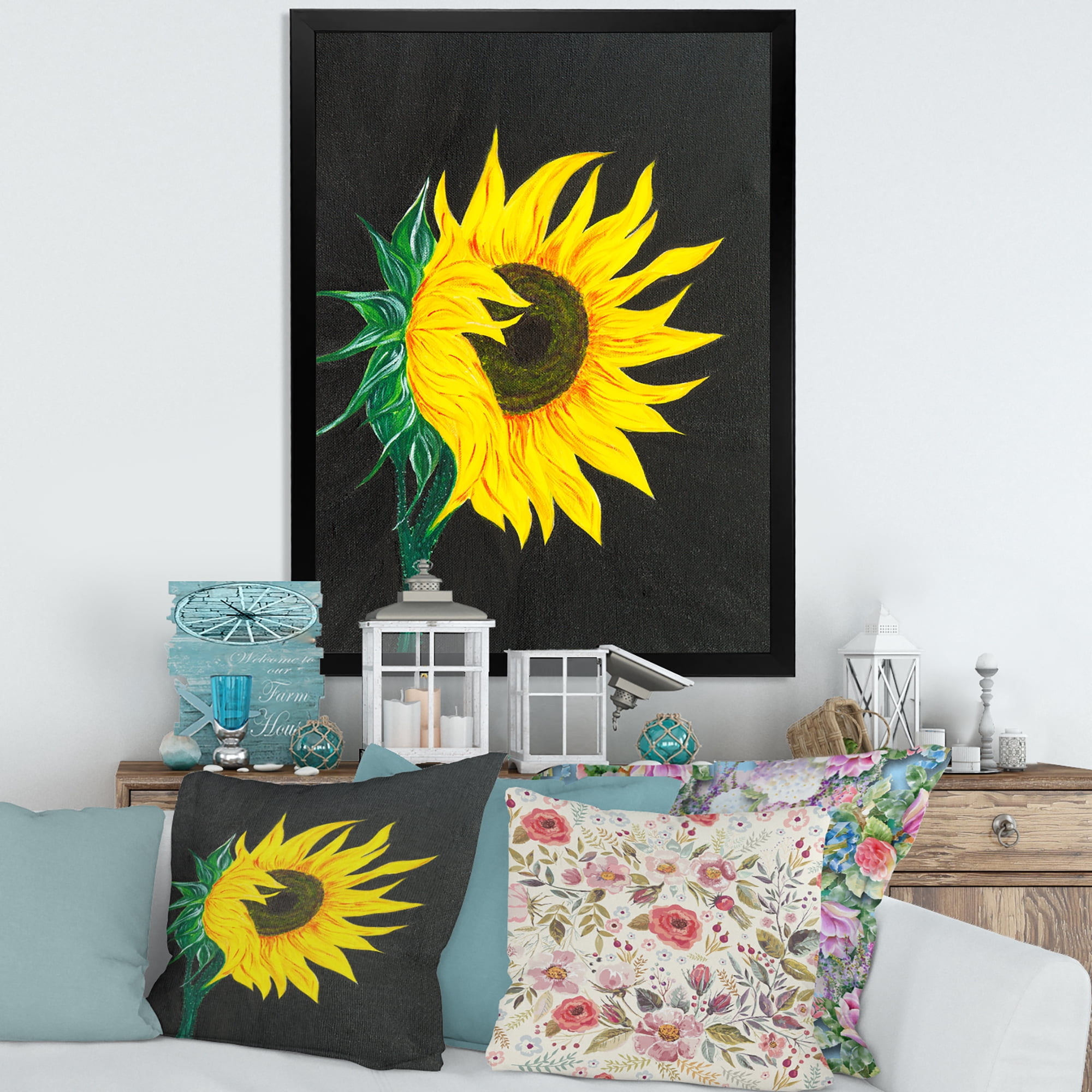 Designart 'Yellow Sunflower On Black' Traditional Framed Art Print