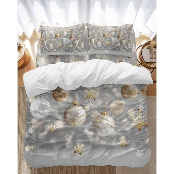 Merry Christmas Bedding Duvet Cover Set Twin Size 4 Pieces Snowflake Gold Colored Ball Winter Bedding Set with Zipper Closure, 1 Comforter Cover 68x86 Inches 1 Flat Sheet & 2 Pillow Cases