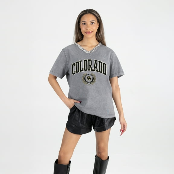 Women's Gameday Couture Gray Colorado Buffaloes Iconic Edge Rhinestone V-Neck T-Shirt